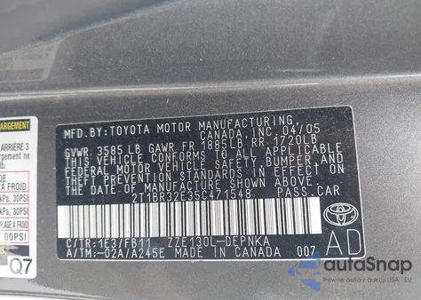 2005 Toyota Corolla Le from USA, damaged, VIN 2T1BR32E35C471548